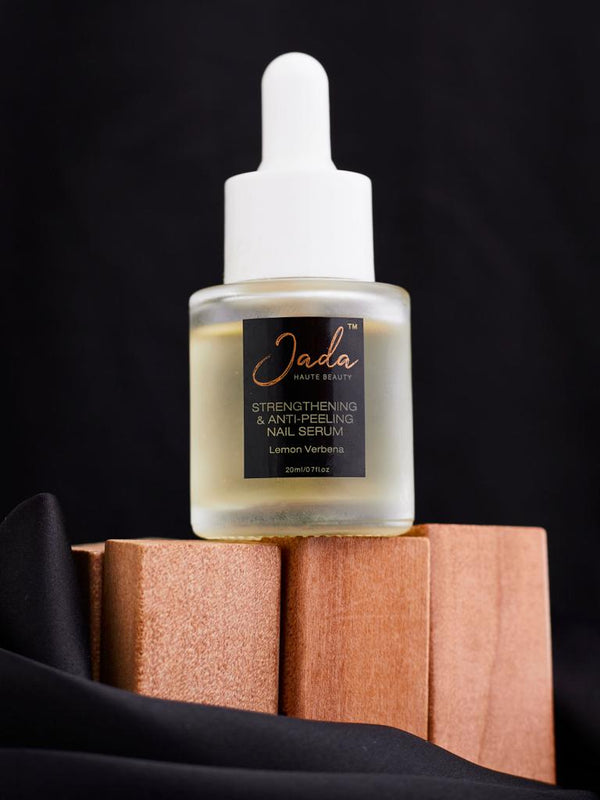 Product bottle presentation of JADA Kenya nourishing nail treatment liquid.